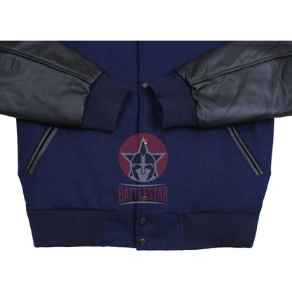 Navy Blue Wool Black Leather Sleeves Retro Varsity Jacket