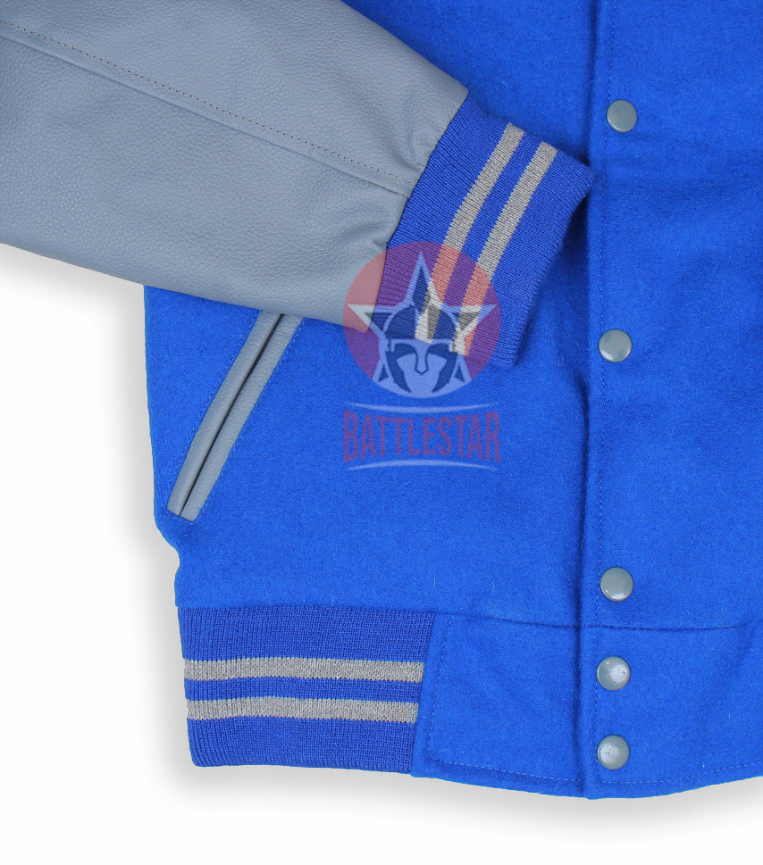 Royal Blue Wool Varsity Jacket Grey Pure Leather Sleeves