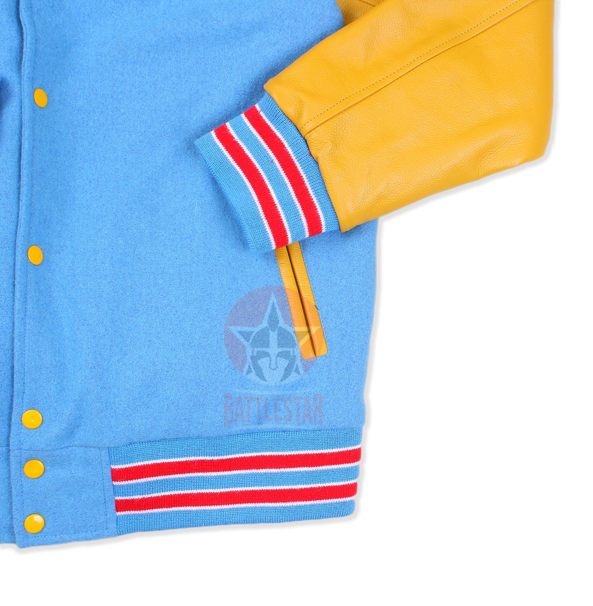 Sky Blue Wool Gold Yellow Leather Sleeves Varsity Jacket