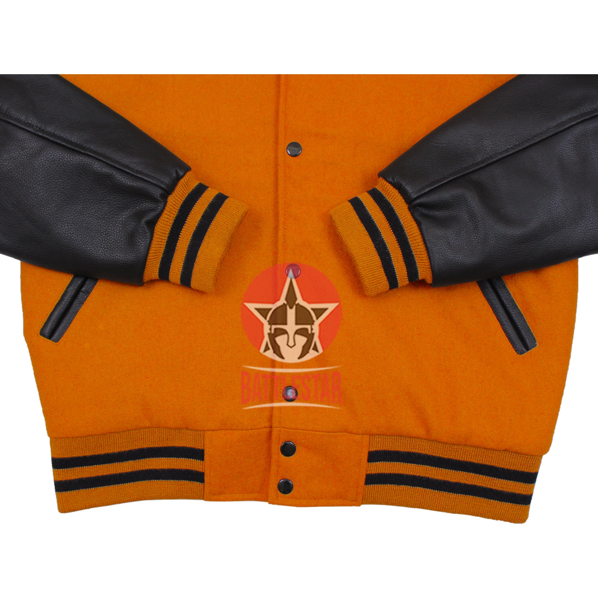 Orange Wool Black Leather Hooded Baseball Letterman Varsity Jacket