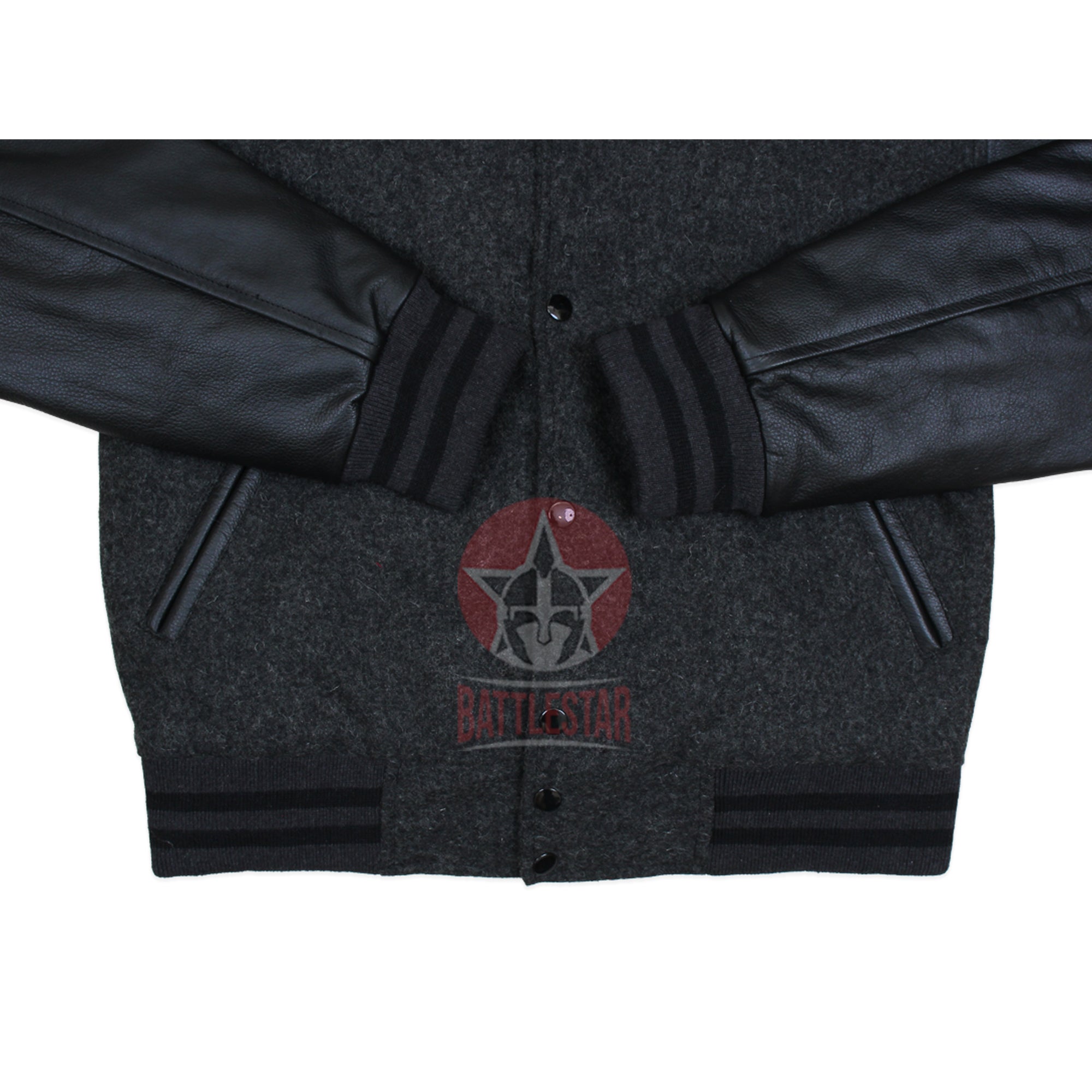 Dark Gray Wool Black Leather Sleeves Varsity Baseball Jacket