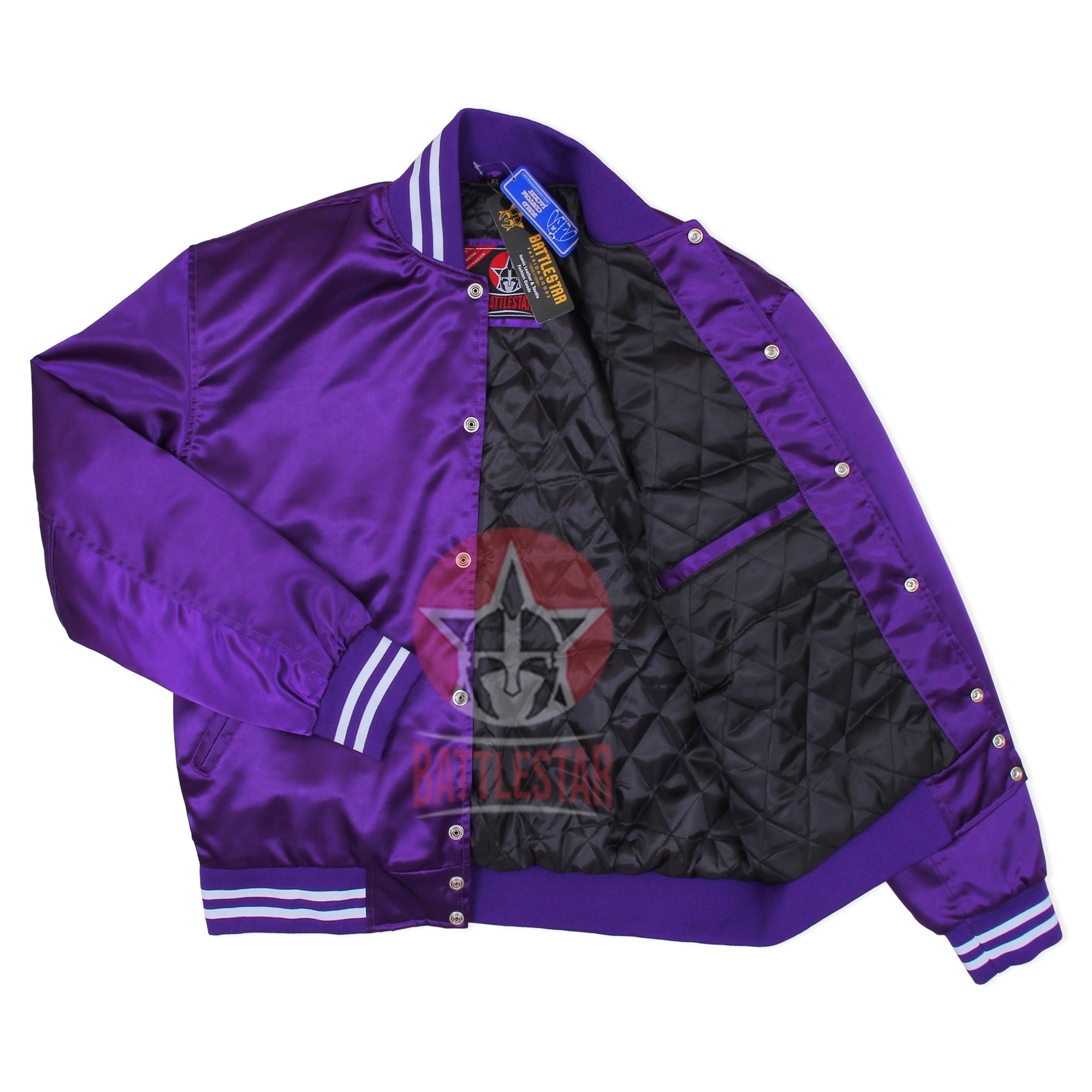 White Satin Baseball Jacket with Purple pockets and Knit lines