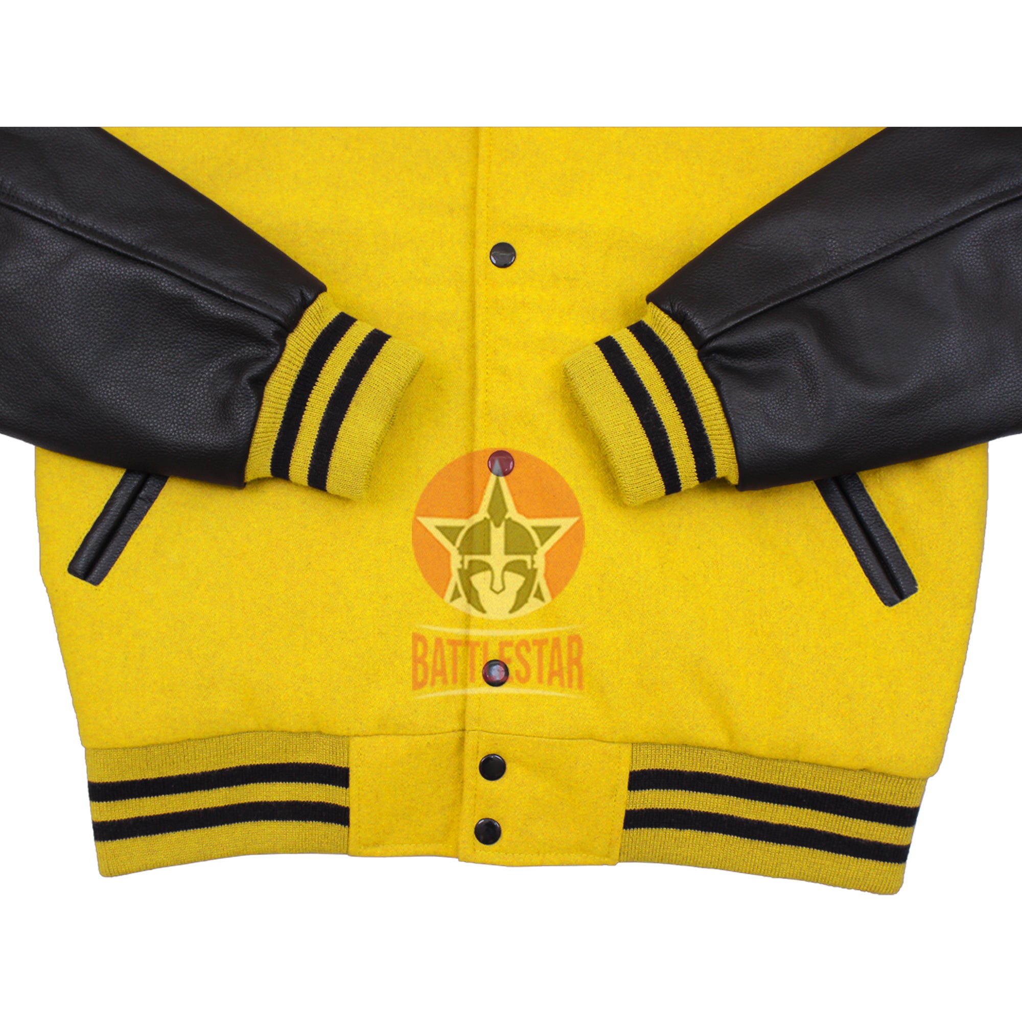 Yellow Wool Black Leather Hooded Baseball Letterman Varsity Jacket