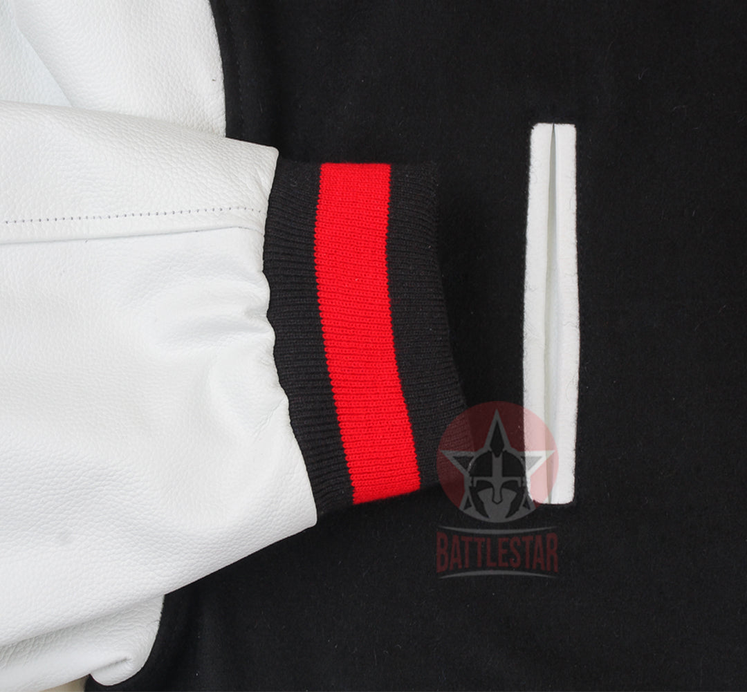 Black Wool White Leather Sleeves Varsity Baseball Jacket