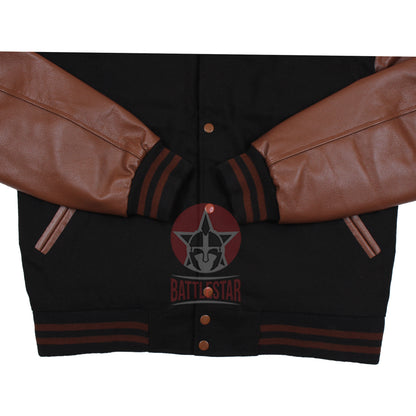 Black Wool Brown Leather Sleeves Varsity Baseball Bomber Jacket
