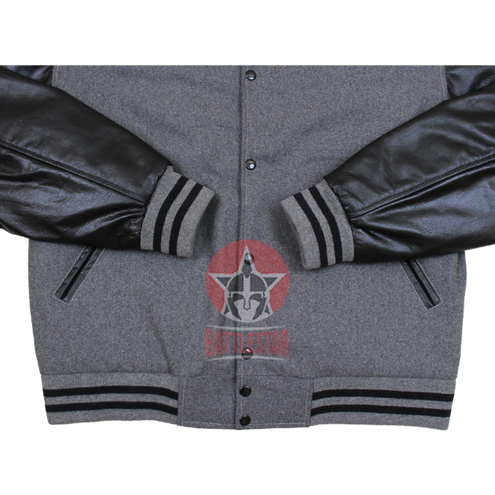 Gray Wool Black Leather Sleeves Varsity Baseball Jacket