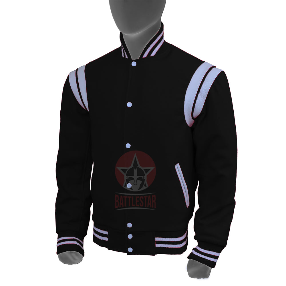 Black Wool White Leather Stripes Stylish Varsity Jacket