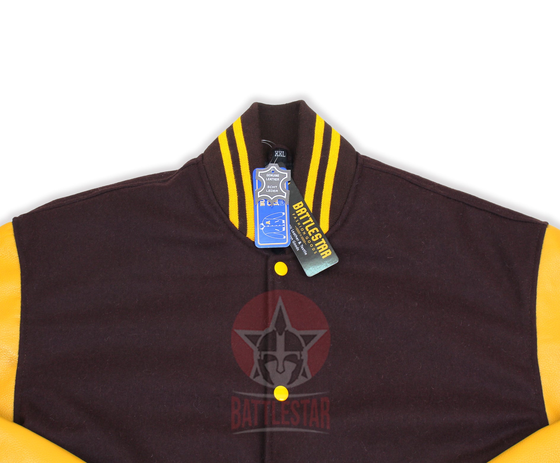 Brown Wool Gold Yellow Leather Sleeves Varsity Jacket