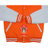 Load image into Gallery viewer, Orange Wool Varsity Jacket White Leather Sleeves