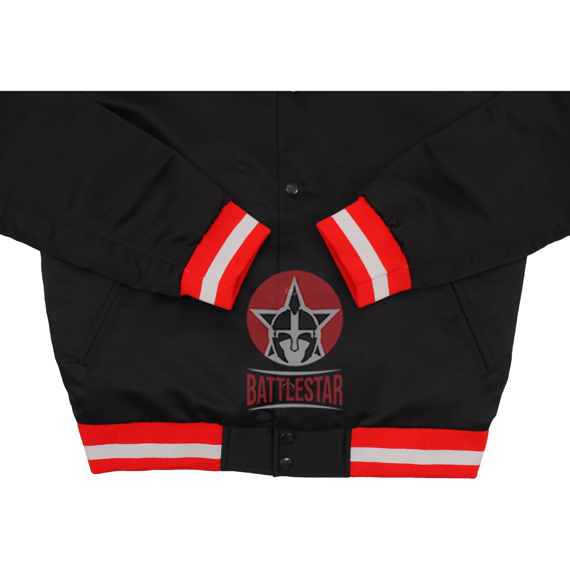 Black Satin Varsity Baseball Jacket Red White Rib