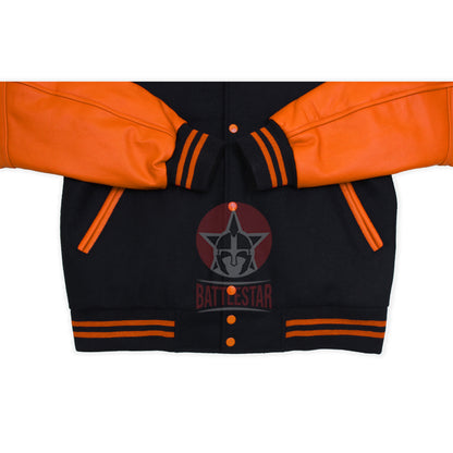 Black Wool Orange Leather Sleeves Hooded Varsity Jacket
