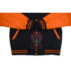 Load image into Gallery viewer, Black Wool Orange Leather Sleeves Hooded Varsity Jacket