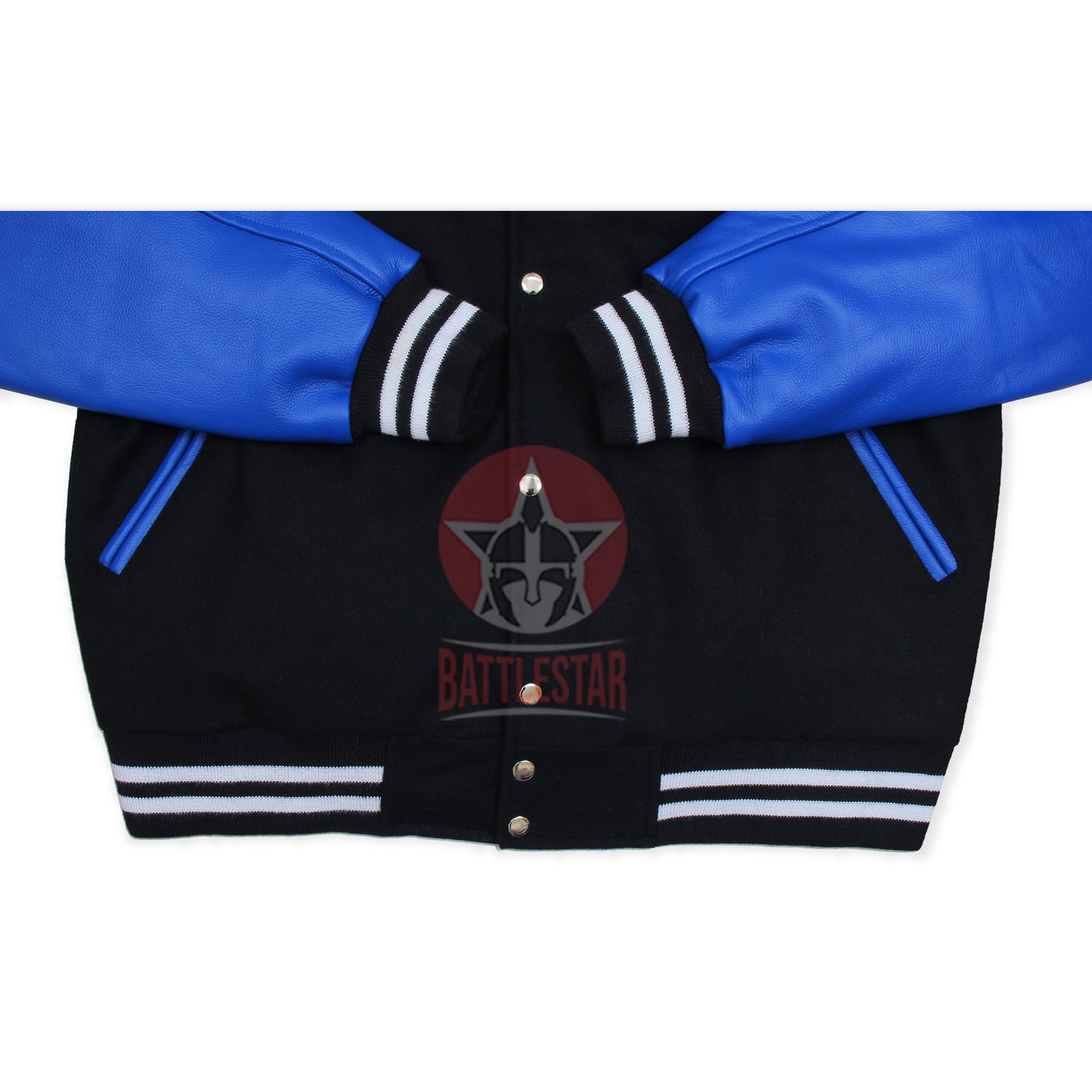 Beige Wool Blue Leather Multi-Rib Varsity Baseball Classic Jacket