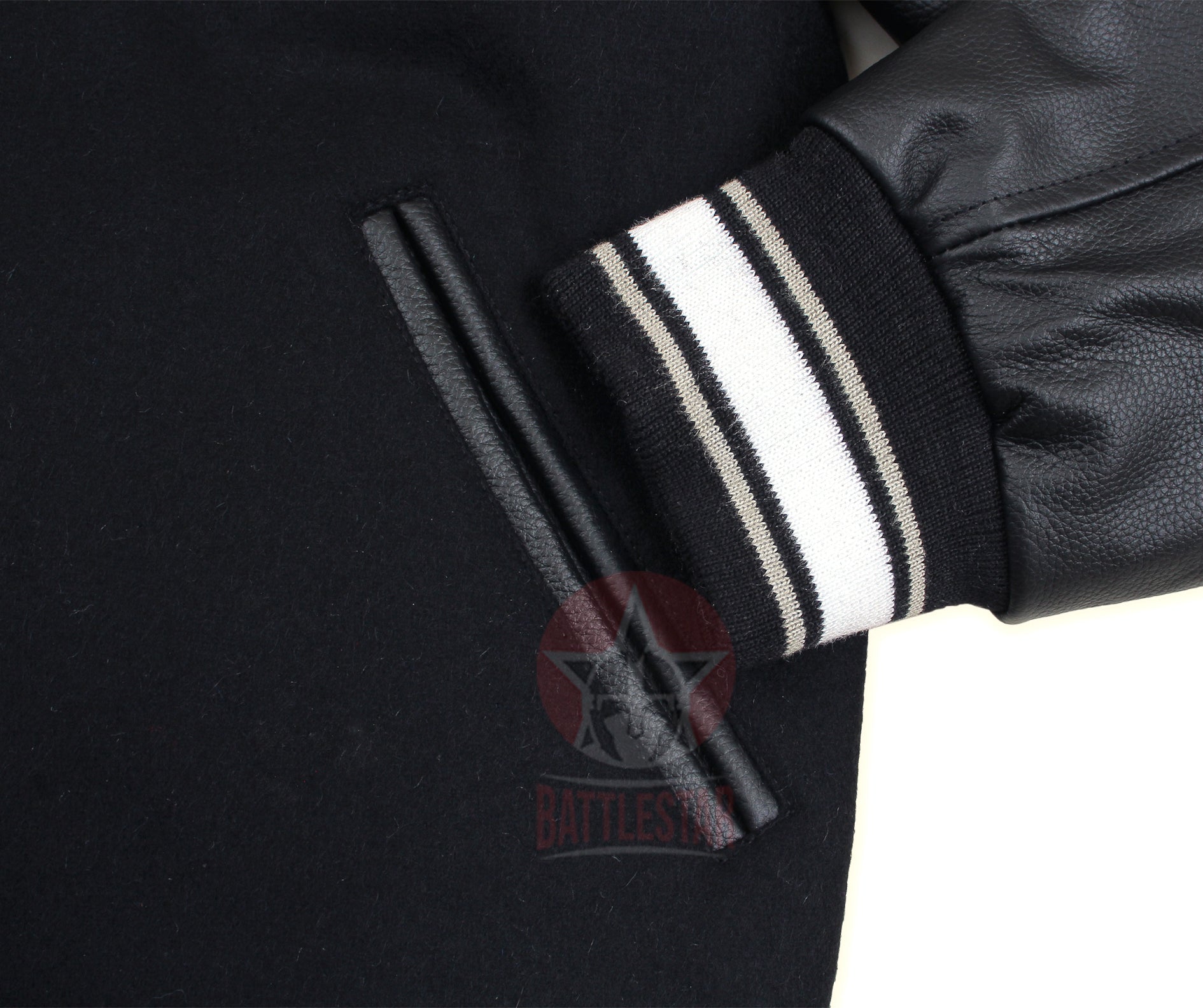 Black Wool Leather Sleeves White Rib Varsity Jacket