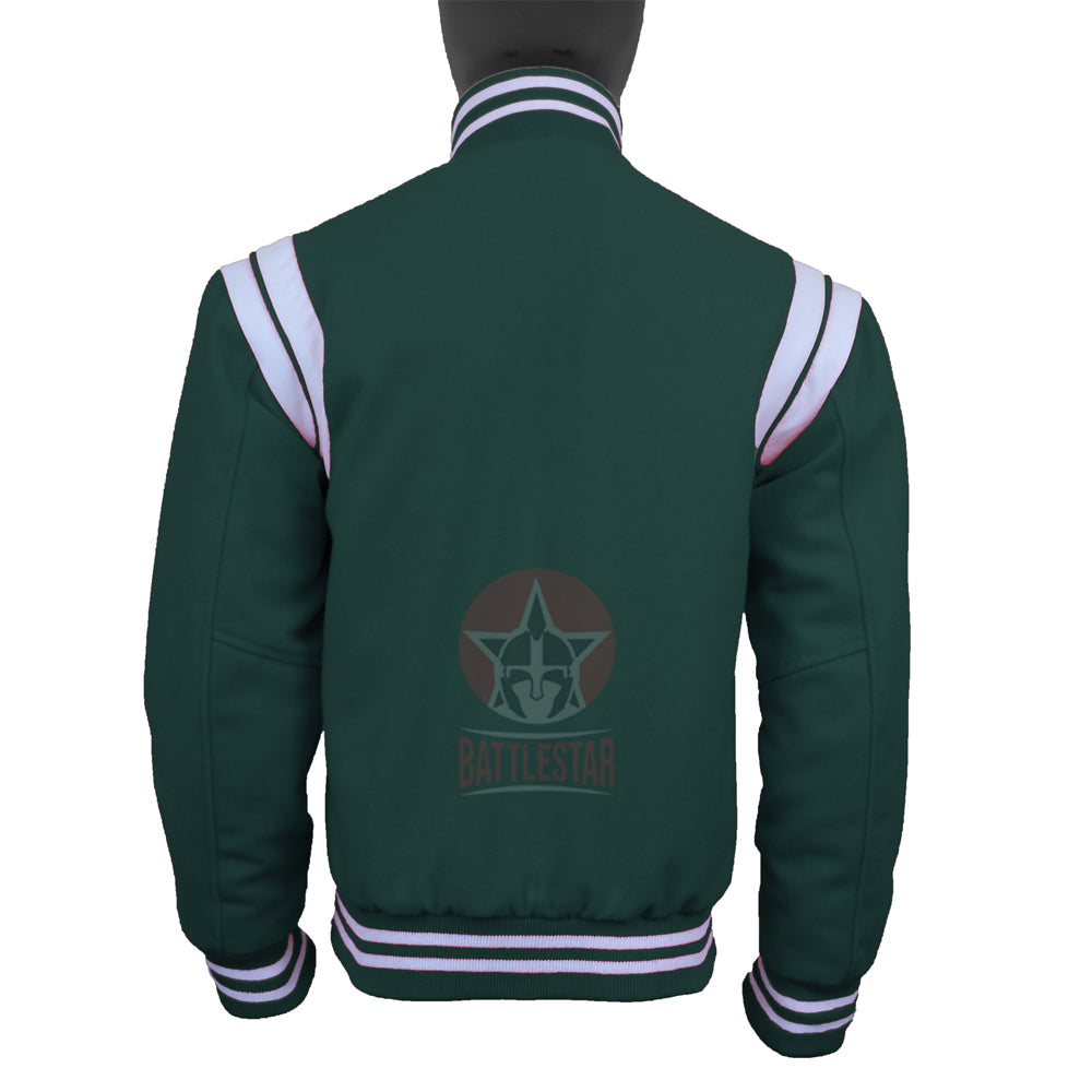 Forest Green Wool White Leather Stripes Varsity Jacket