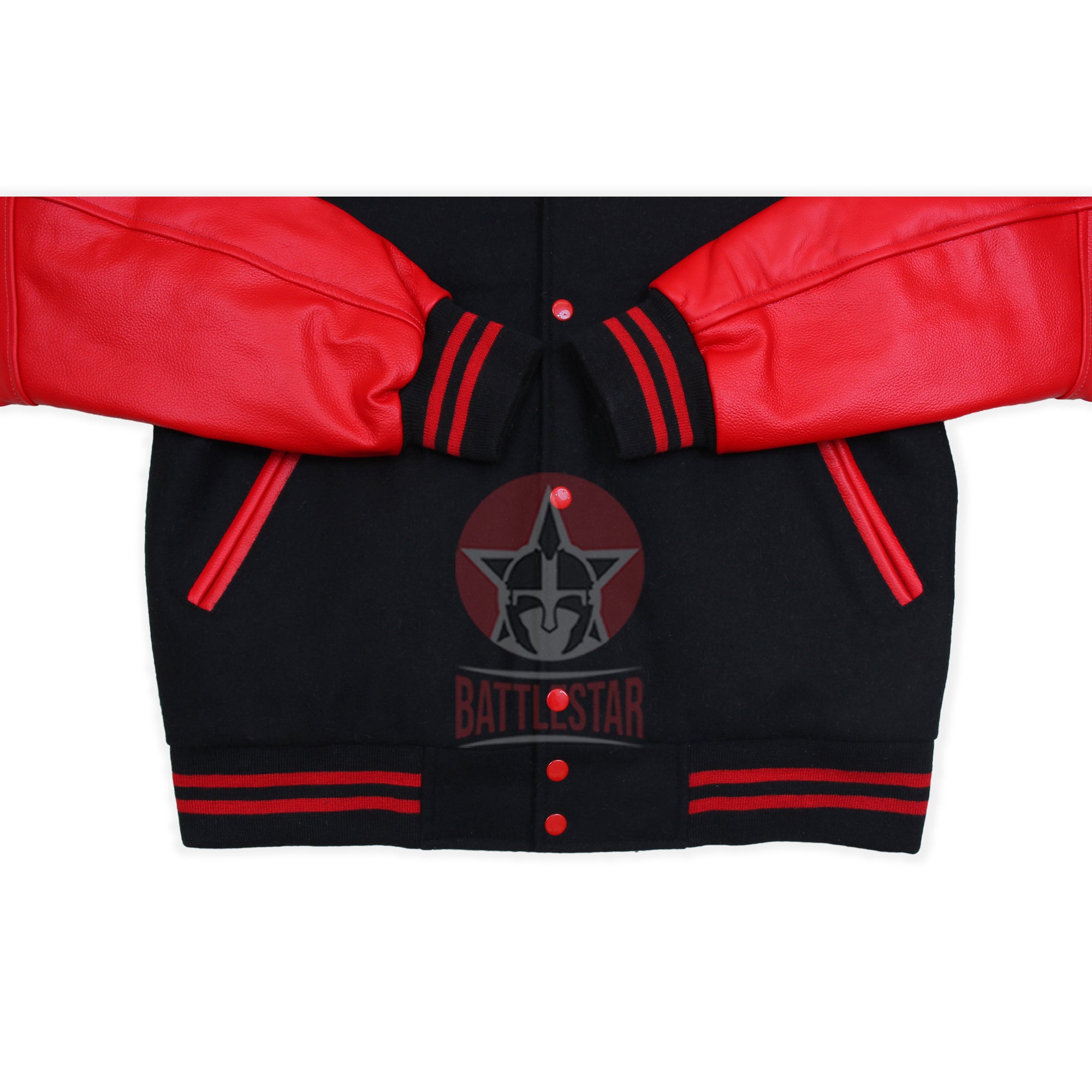 Black Wool Hooded Varsity Jacket Red Leather Sleeves