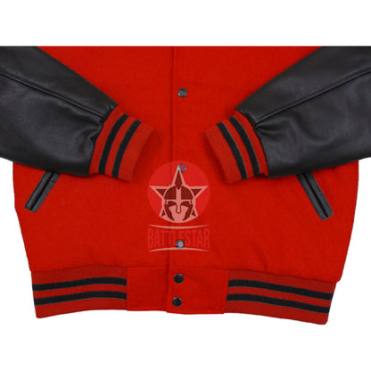 Red Wool Black Leather Hooded Baseball Letterman Varsity Jacket
