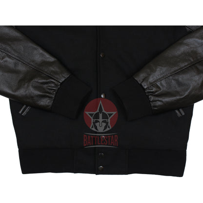 Black Wool Hooded Varsity Jacket Black Leather Sleeves