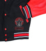 Money Heist Inspired Black Wool Body Red Cowhide Leather Sleeves Bomber Varsity Jacket