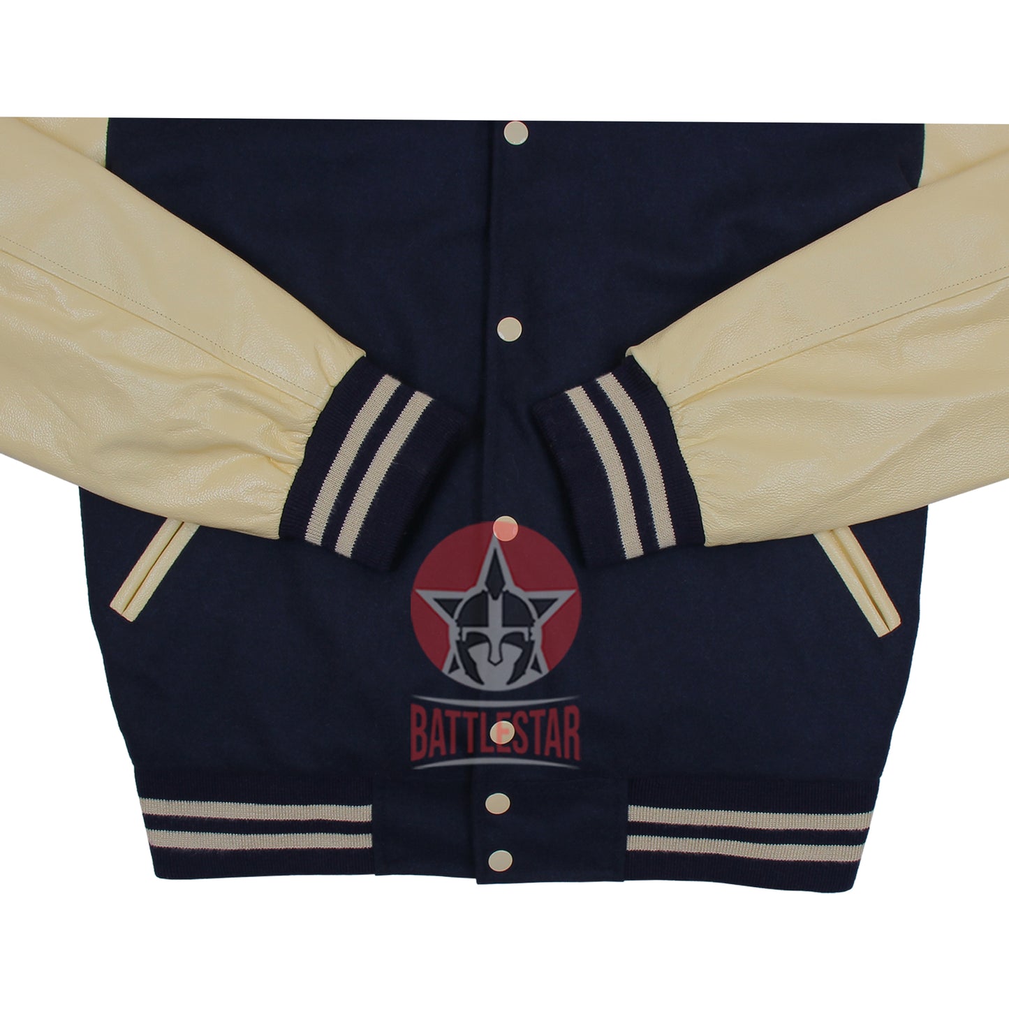 Navy Blue Wool Cream Leather Sleeves Varsity Jacket