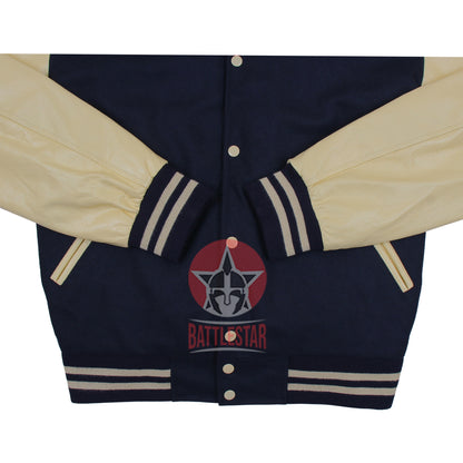 Navy Blue Wool Cream Leather Sleeves Varsity Jacket