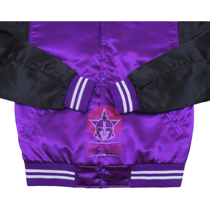 Purple Black Satin Varsity Baseball Bomber Jacket
