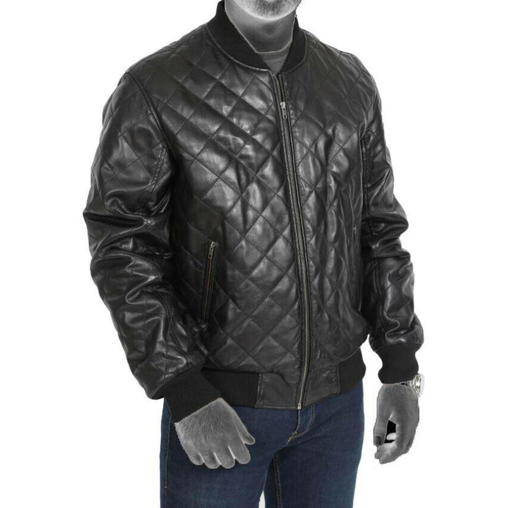 Men's New Style Black Real Leather Quilted Bomber Jacket - Battlestar Clothing & Gears Co