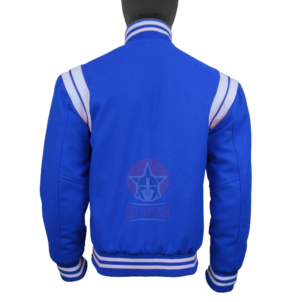 Royal Blue Wool White Leather Stripes Varsity Jacket