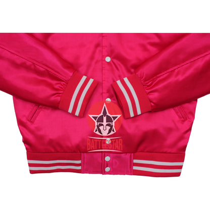 Pink Satin Varsity Baseball Jacket Pink White Rib