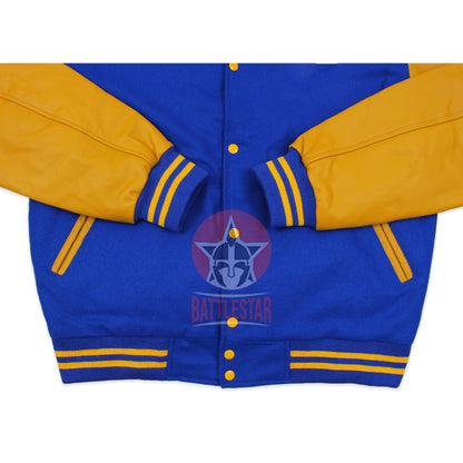 Royal Blue Wool Varsity Jacket Gold Yellow Leather Sleeves