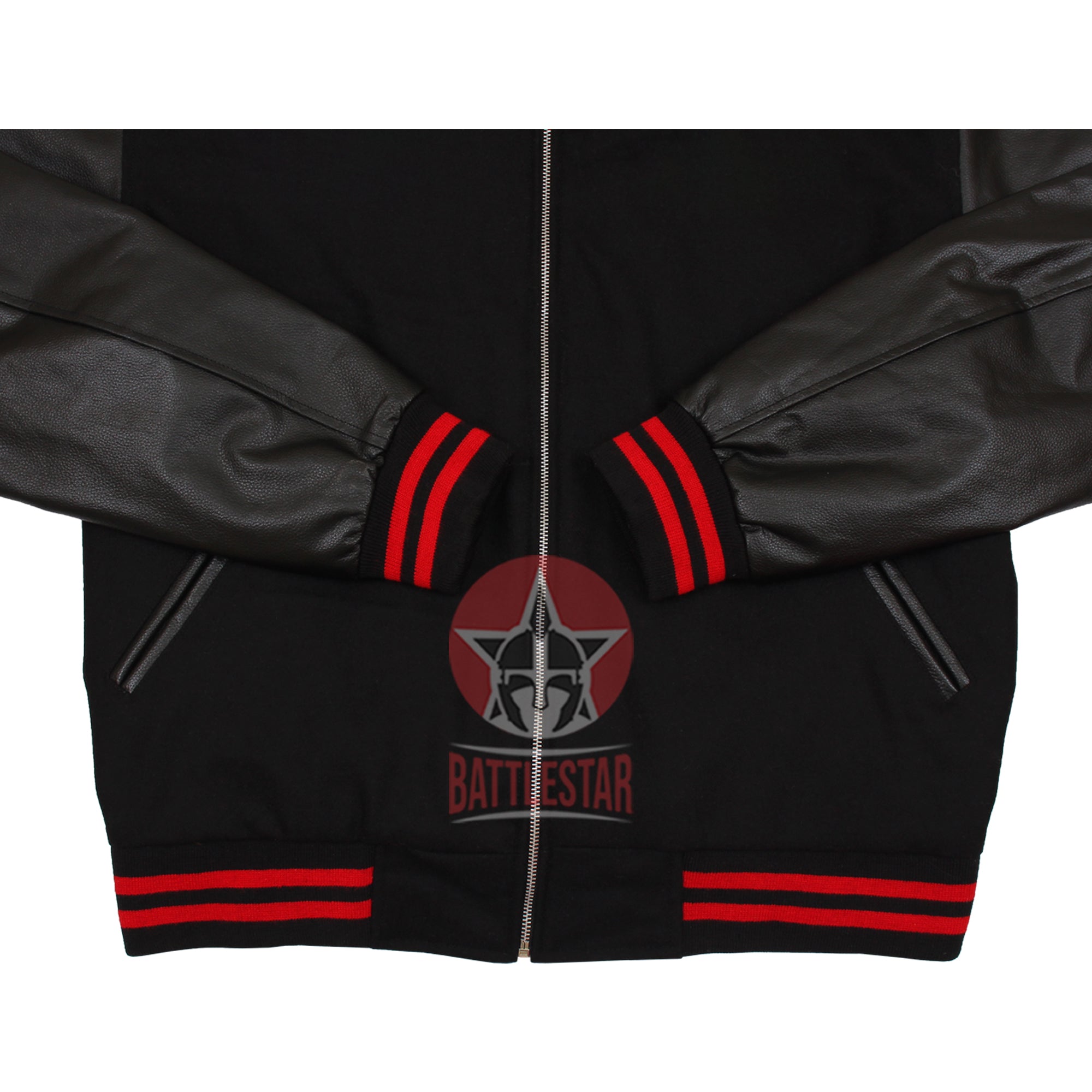 Black Wool Leather Zipper Hooded Letterman Varsity Jacket