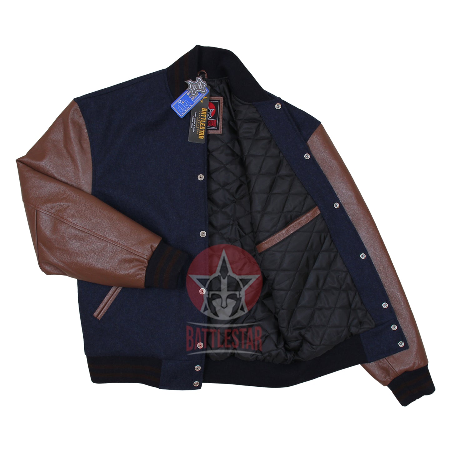 Navy Blue Wool Varsity Jacket Brown Pure Leather Sleeves