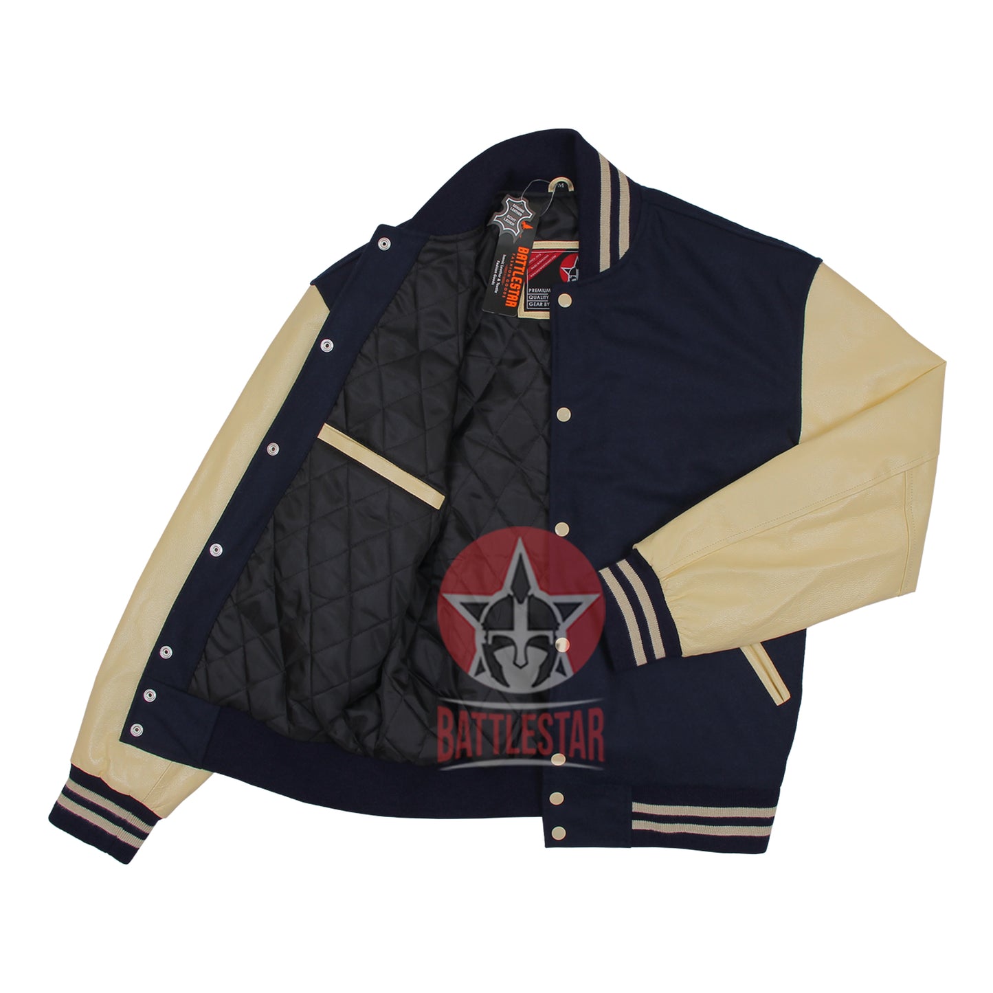 Navy Blue Wool Cream Leather Sleeves Varsity Jacket