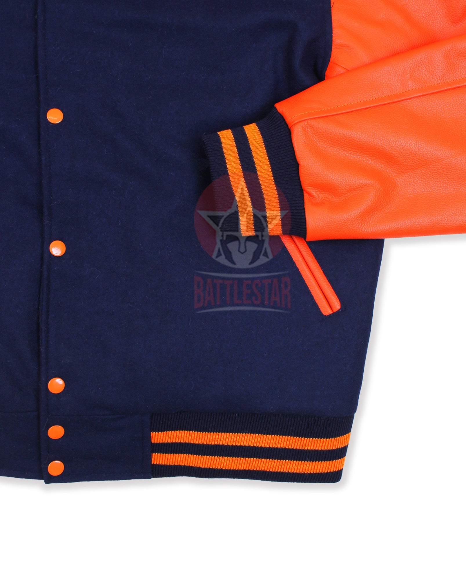 Navy Blue Wool Varsity Jacket Orange Leather Sleeves