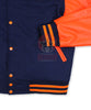 Load image into Gallery viewer, Navy Blue Wool Varsity Jacket Orange Leather Sleeves