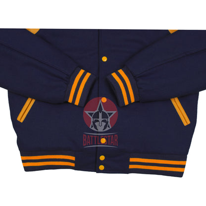 Byron Collar Navy Blue Wool Gold Yellow Leather Stripes Varsity Baseball Jacket