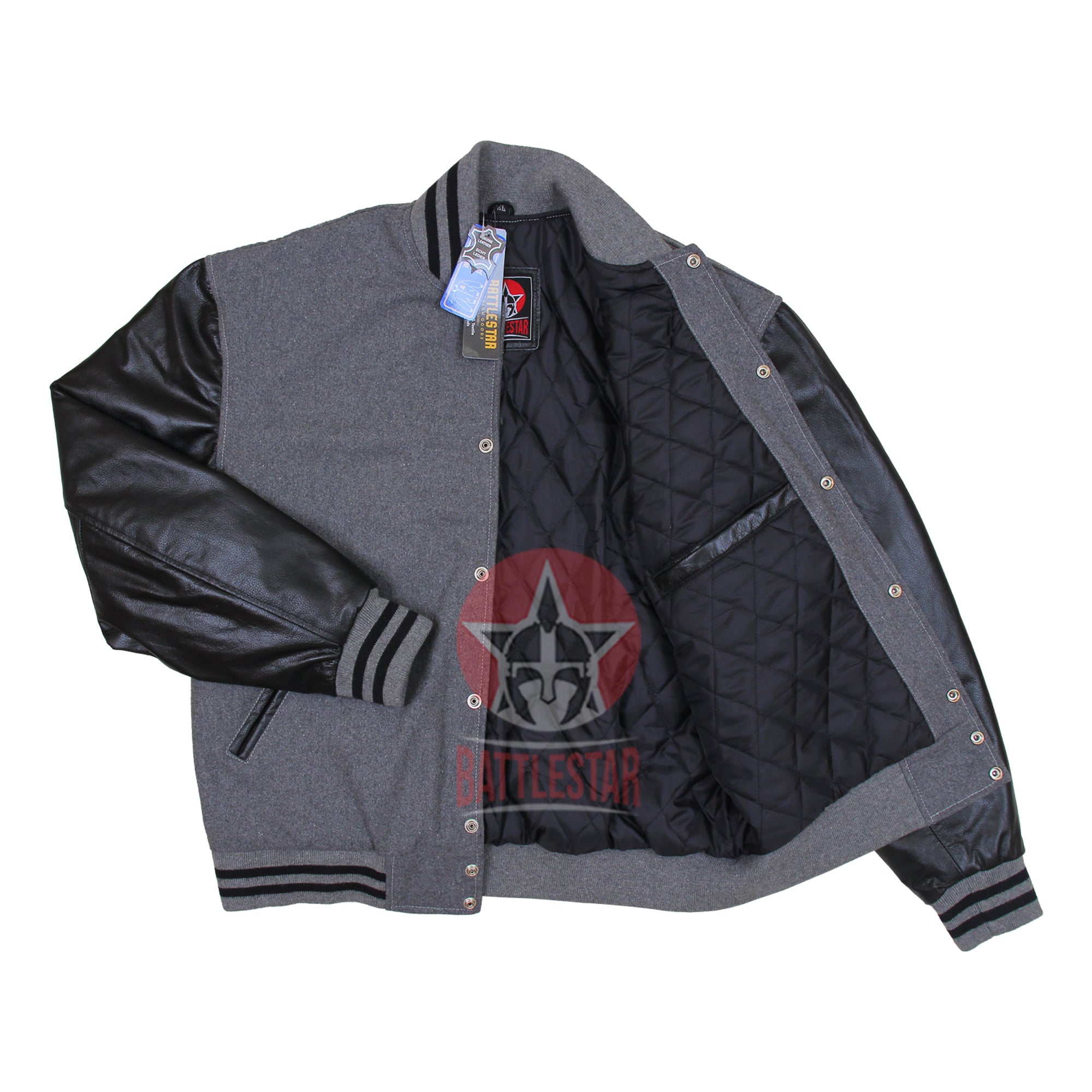 Gray Wool Black Leather Sleeves Varsity Baseball Jacket