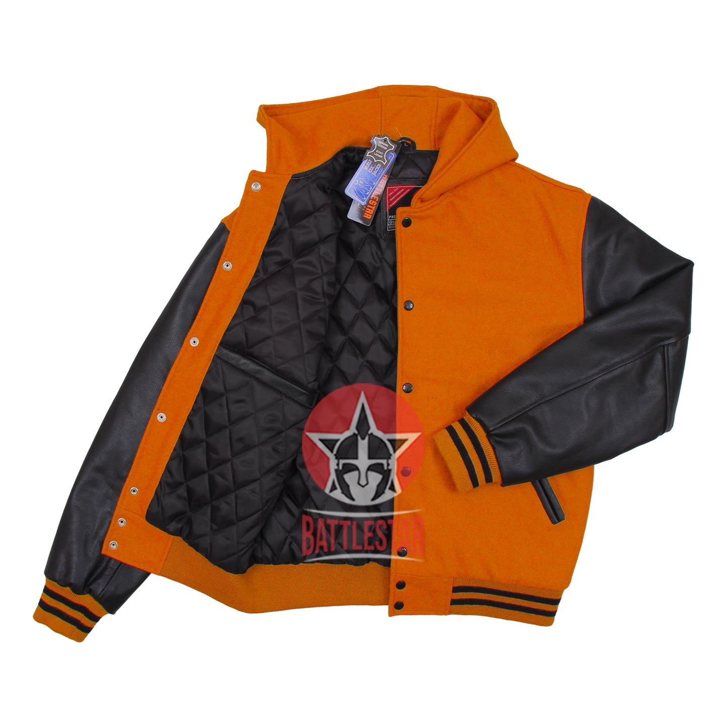 Orange Wool Black Leather Hooded Baseball Letterman Varsity Jacket