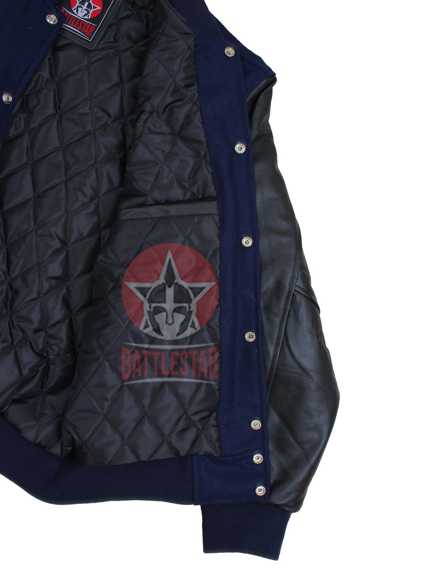 Navy Blue Wool Retro Varsity Jacket Black Leather Sleeves