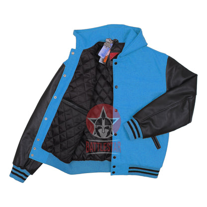 Sky Blue Wool Black Leather Hooded Baseball Letterman Varsity Jacket