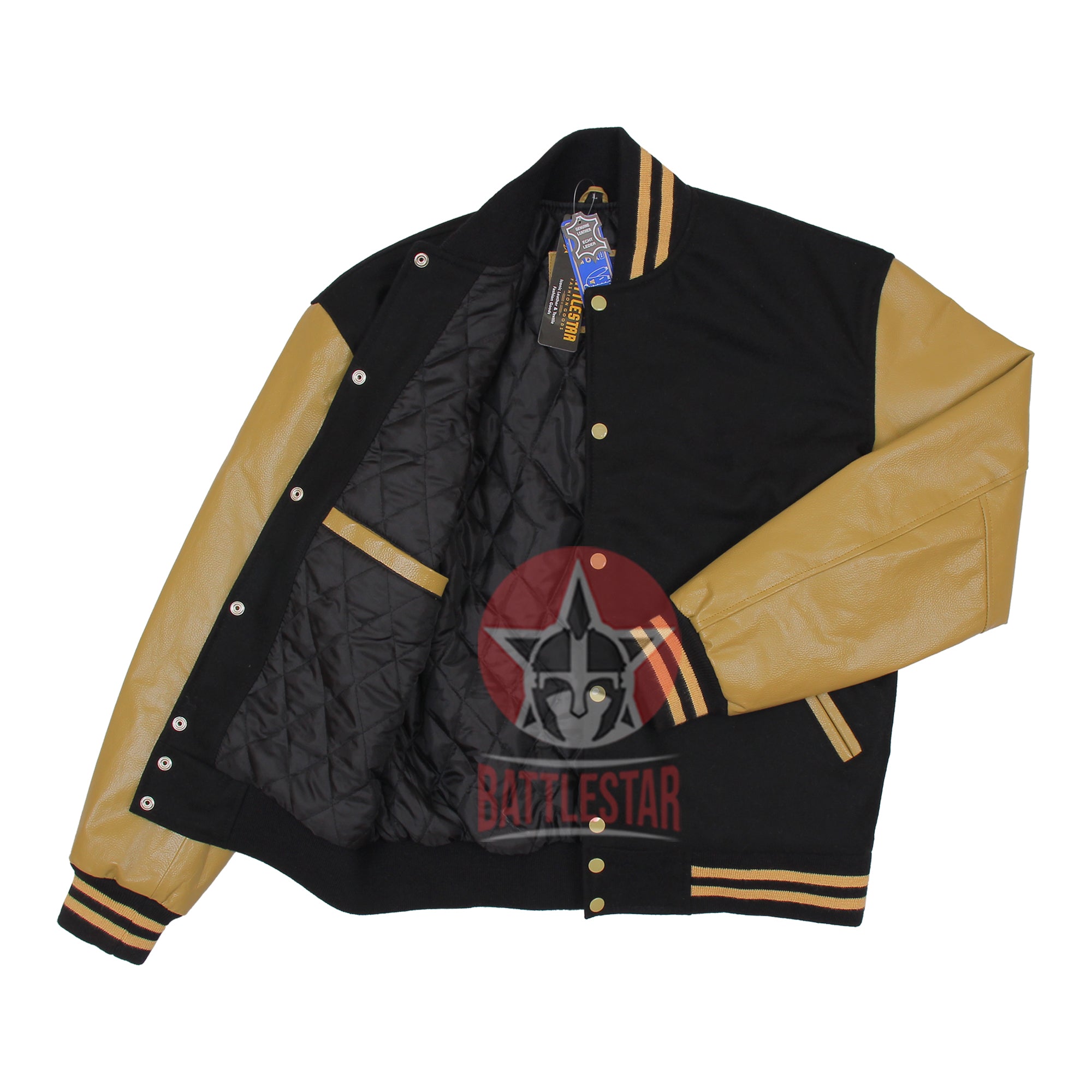 Black Wool Body Tan Leather Sleeves Baseball Bomber Varsity Jacket