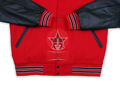 Red Wool Black Leather Sleeves Varsity Jacket