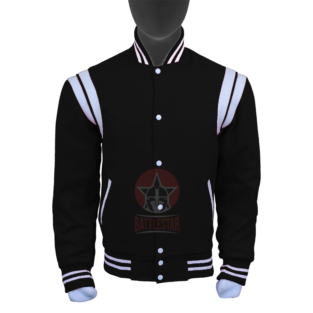 Black Wool White Leather Stripes Stylish Varsity Jacket