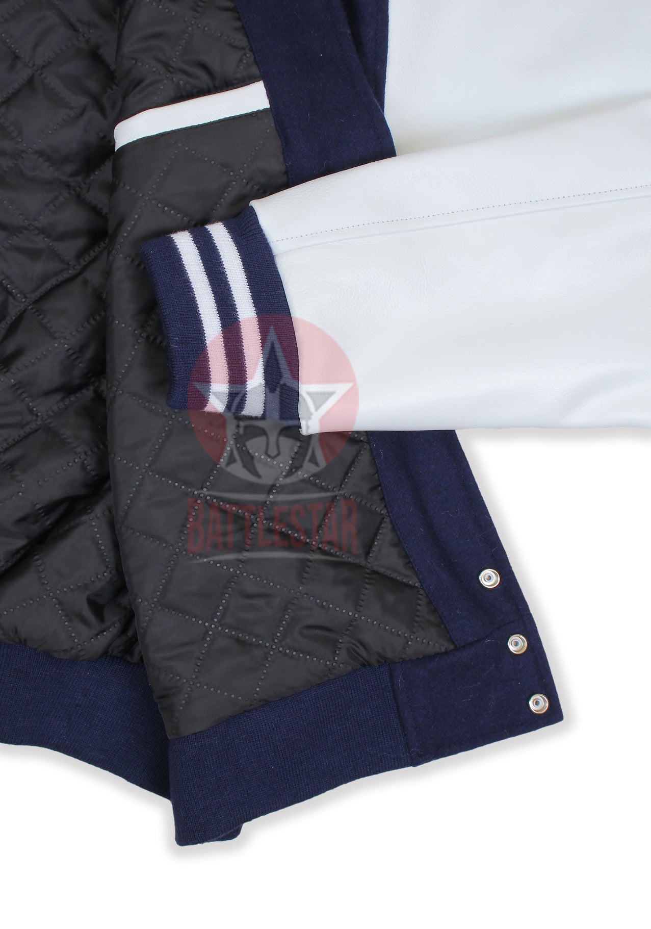 Navy Blue Wool Varsity Jacket With White Leather Sleeves