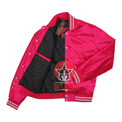 Pink Satin Varsity Baseball Jacket Pink White Rib