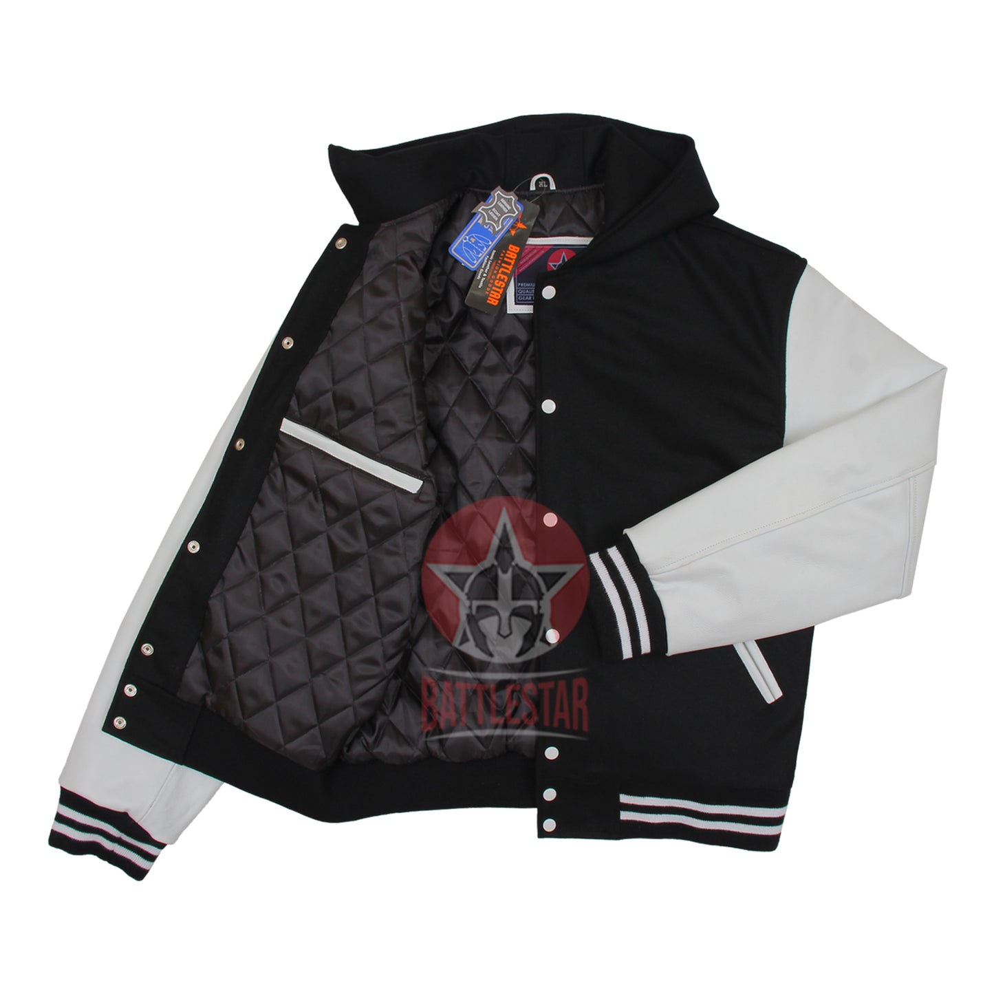 Black Wool White Leather Sleeves Hooded Varsity Jacket