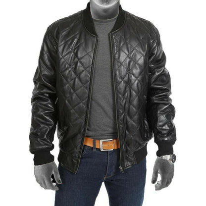 Men's New Style Black Real Leather Quilted Bomber Jacket - Battlestar Clothing & Gears Co