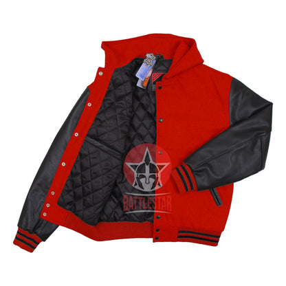 Red Wool Black Leather Hooded Baseball Letterman Varsity Jacket