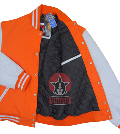 Orange Wool Varsity Jacket White Leather Sleeves