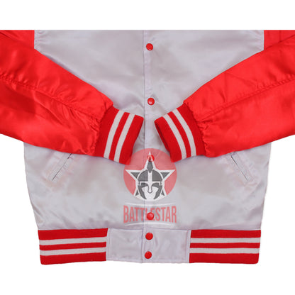 White Red Satin Varsity Bomber Baseball Jacket